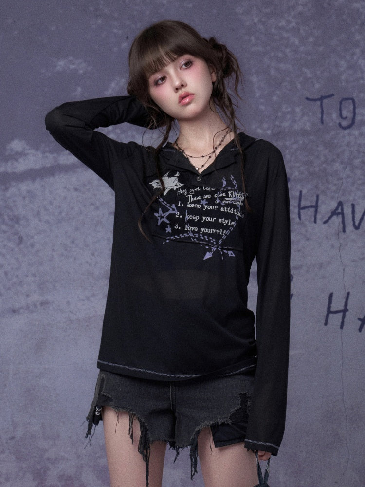 Dark Street Graffiti Mesh Hooded Loose T-shirt【s0000018781】