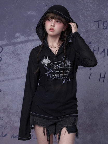Dark Street Graffiti Mesh Hooded Loose T-shirt【s0000018781】