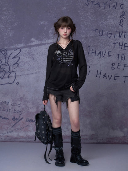 Dark Street Graffiti Mesh Hooded Loose T-shirt【s0000018781】