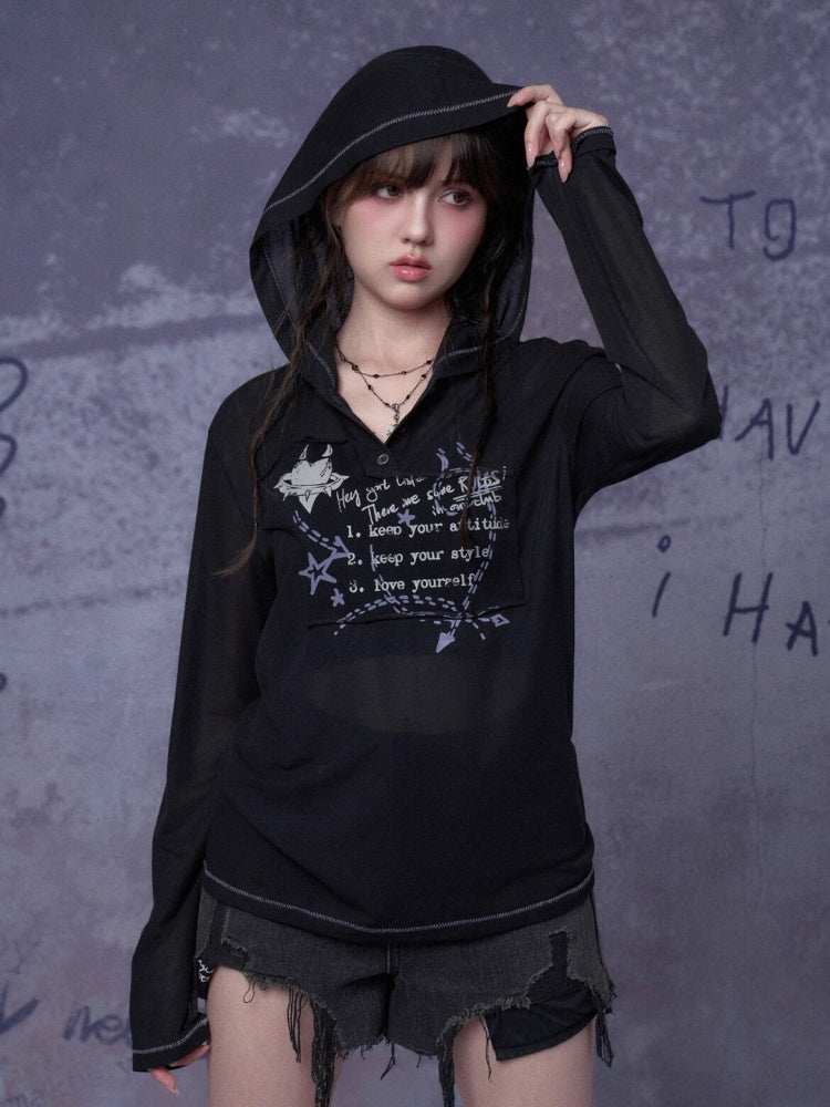 Dark Street Graffiti Mesh Hooded Loose T-shirt【s0000018781】