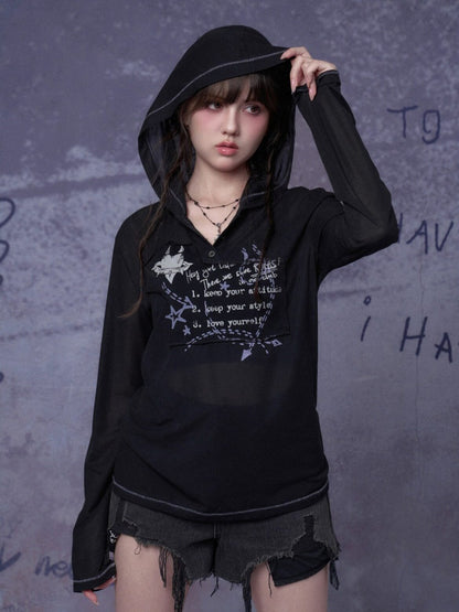 Dark Street Graffiti Mesh Hooded Loose T-shirt【s0000018781】