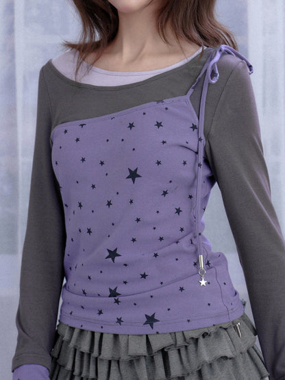 Purple Gray Fake Three-Piece Star T-Shirt【s0000018782】