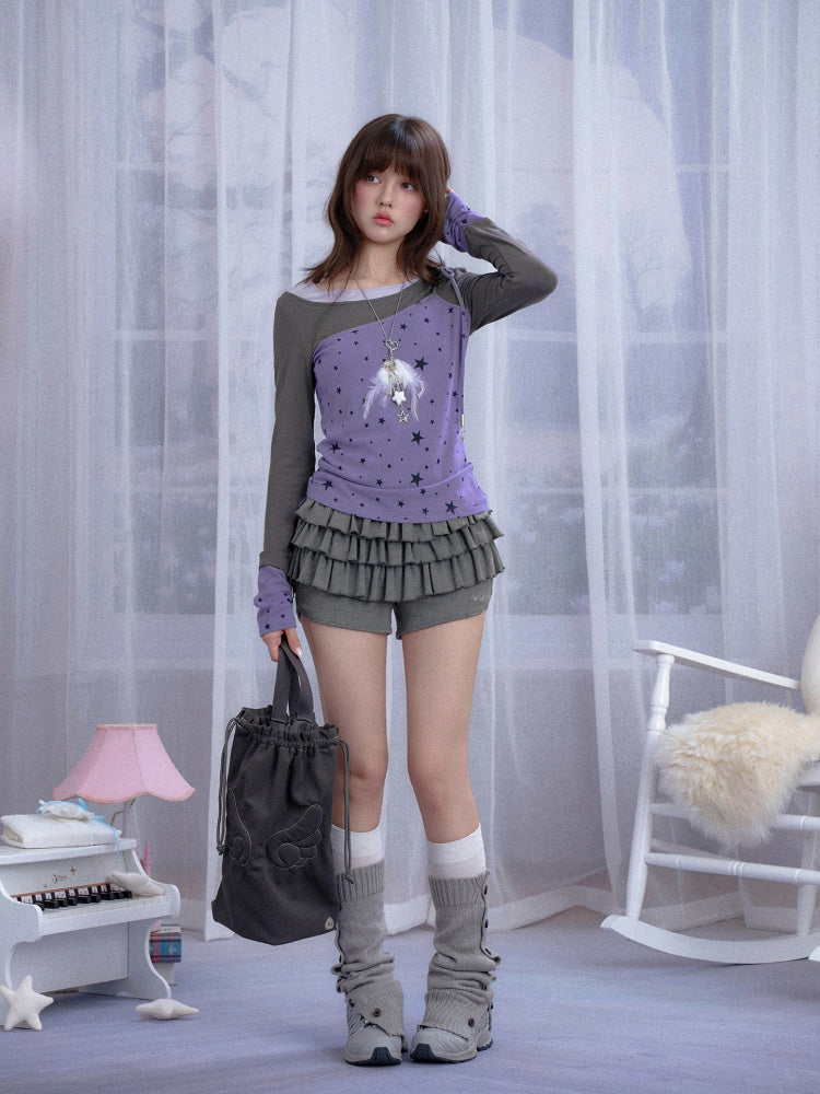 Purple Gray Fake Three-Piece Star T-Shirt【s0000018782】
