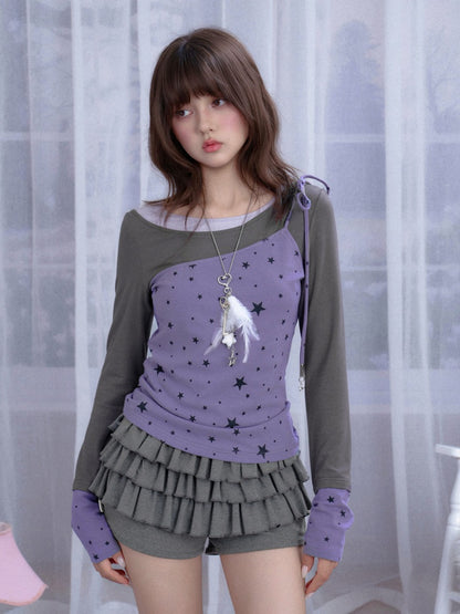 Purple Gray Fake Three-Piece Star T-Shirt【s0000018782】