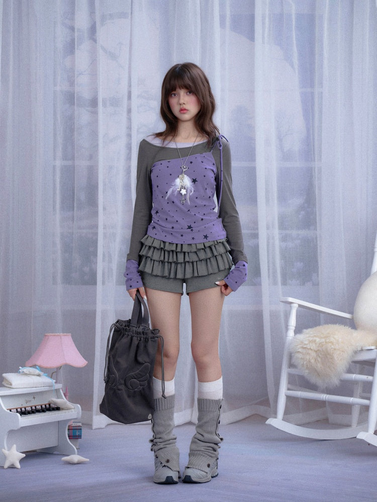 Purple Gray Fake Three-Piece Star T-Shirt【s0000018782】