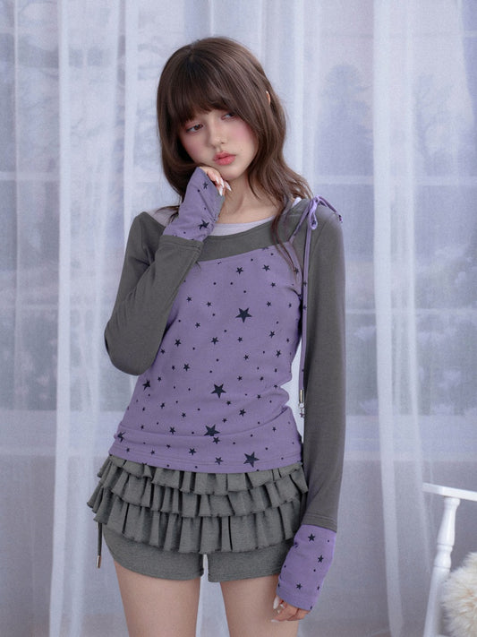Purple Gray Fake Three-Piece Star T-Shirt【s0000018782】