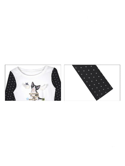 Little Angel Black&White Kitten Printed Slim Fit Waist-Cinching Crew Neck T-Shirt【s0000018783】