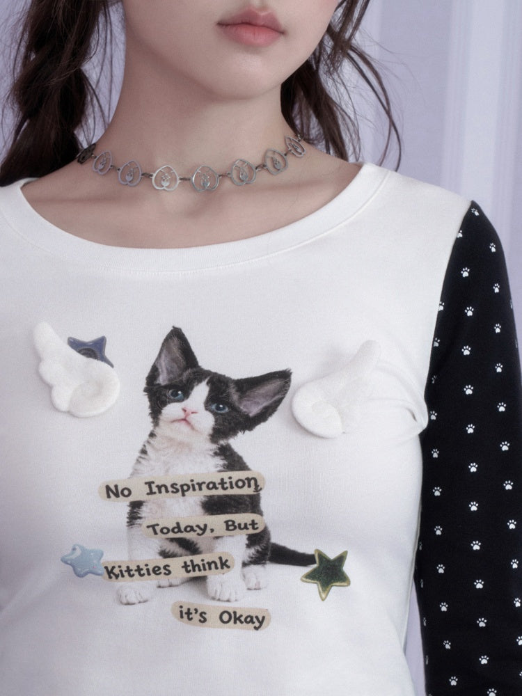 Little Angel Black&White Kitten Printed Slim Fit Waist-Cinching Crew Neck T-Shirt【s0000018783】