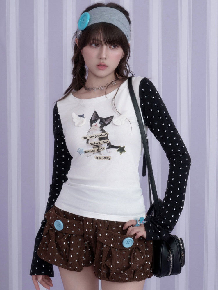 Little Angel Black&White Kitten Printed Slim Fit Waist-Cinching Crew Neck T-Shirt【s0000018783】