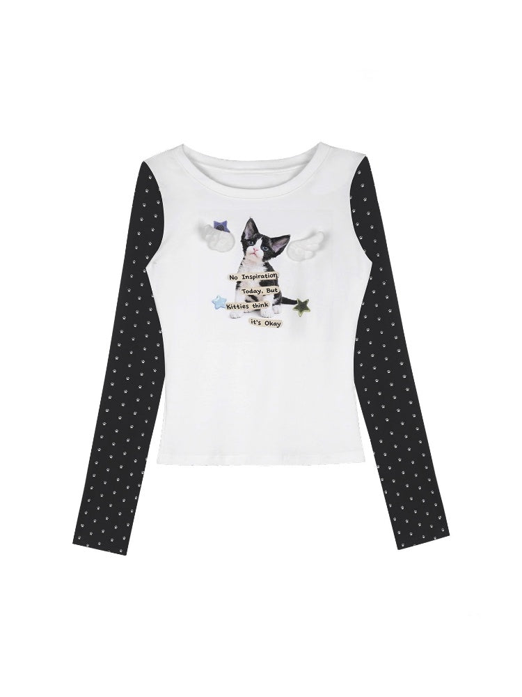 Little Angel Black&White Kitten Printed Slim Fit Waist-Cinching Crew Neck T-Shirt【s0000018783】