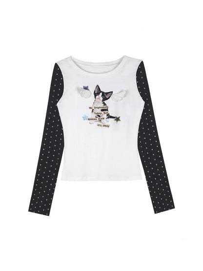 Little Angel Black&White Kitten Printed Slim Fit Waist-Cinching Crew Neck T-Shirt【s0000018783】