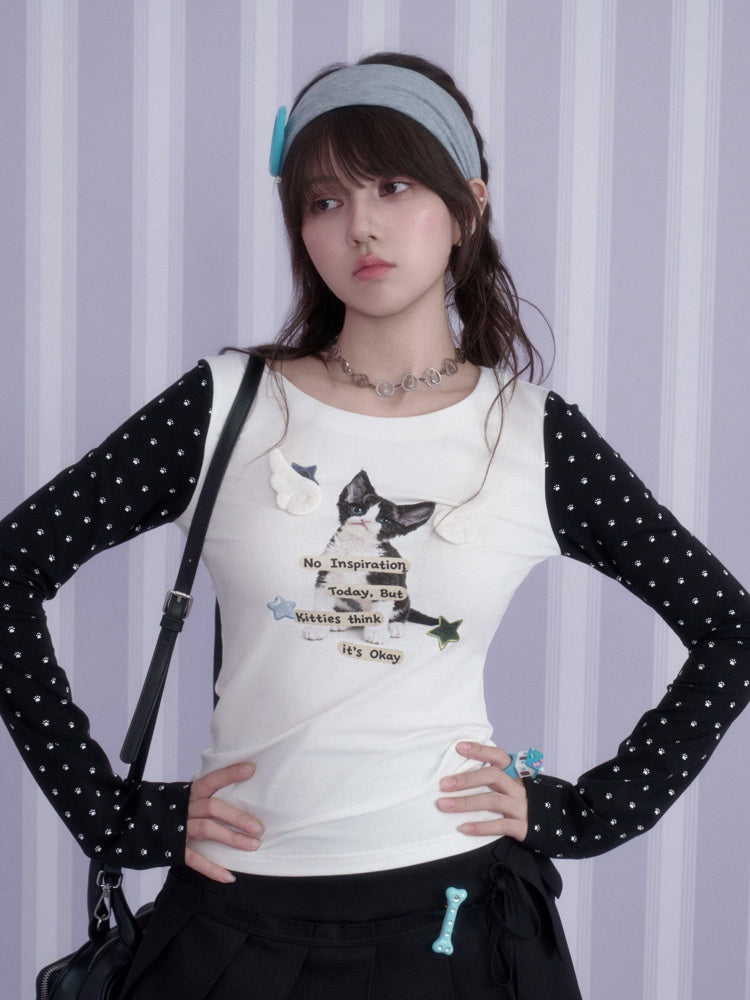 Little Angel Black&White Kitten Printed Slim Fit Waist-Cinching Crew Neck T-Shirt【s0000018783】