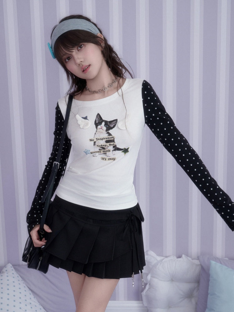 Little Angel Black&White Kitten Printed Slim Fit Waist-Cinching Crew Neck T-Shirt【s0000018783】