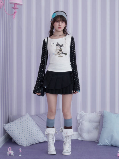 Little Angel Black&White Kitten Printed Slim Fit Waist-Cinching Crew Neck T-Shirt【s0000018783】