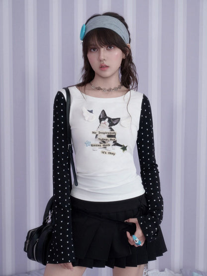 Little Angel Black&White Kitten Printed Slim Fit Waist-Cinching Crew Neck T-Shirt【s0000018783】