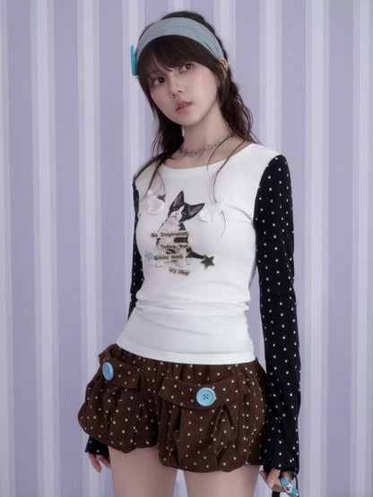 Little Angel Black&White Kitten Printed Slim Fit Waist-Cinching Crew Neck T-Shirt【s0000018783】