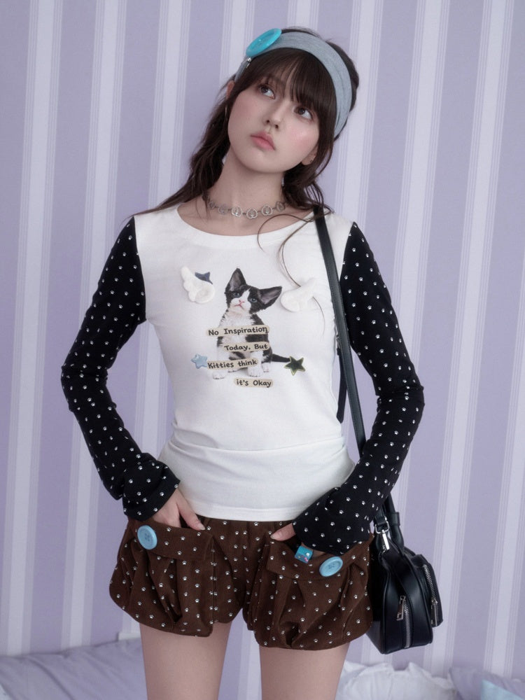 Little Angel Black&White Kitten Printed Slim Fit Waist-Cinching Crew Neck T-Shirt【s0000018783】