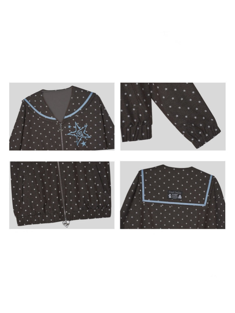 Brown-Blue Swirl Star Navy Neck Loose Casual Jacket【s0000018784】