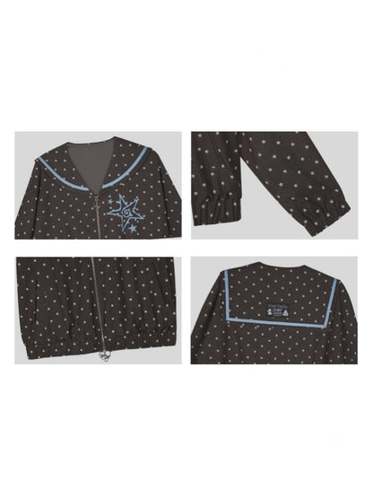 Brown-Blue Swirl Star Navy Neck Loose Casual Jacket【s0000018784】