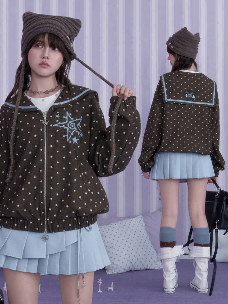 Brown-Blue Swirl Star Navy Neck Loose Casual Jacket【s0000018784】