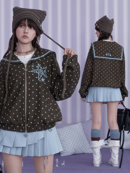 Brown-Blue Swirl Star Navy Neck Loose Casual Jacket【s0000018784】