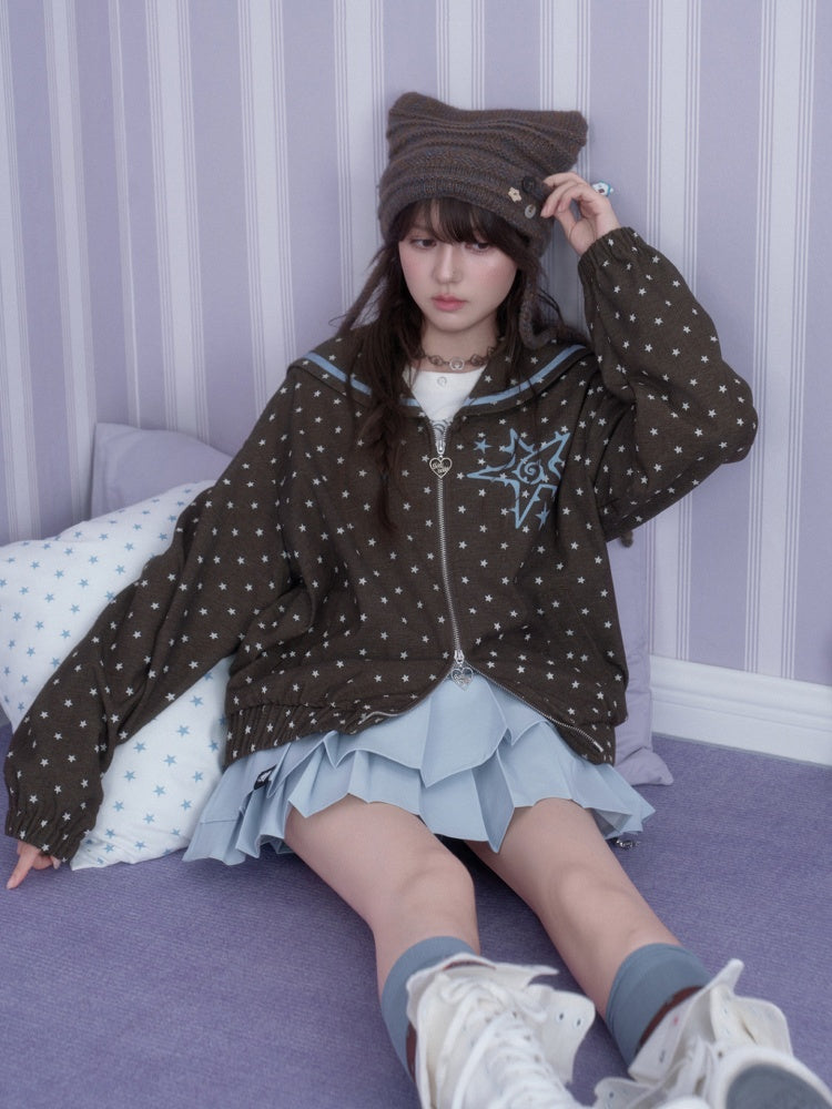 Brown-Blue Swirl Star Navy Neck Loose Casual Jacket【s0000018784】