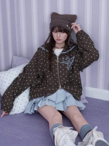 Brown-Blue Swirl Star Navy Neck Loose Casual Jacket【s0000018784】