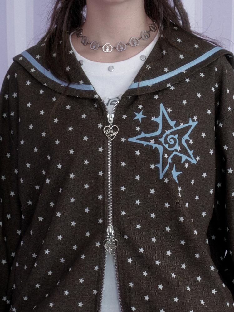 Brown-Blue Swirl Star Navy Neck Loose Casual Jacket【s0000018784】