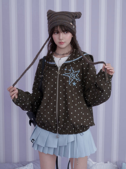 Brown-Blue Swirl Star Navy Neck Loose Casual Jacket【s0000018784】