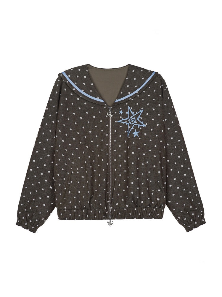Brown-Blue Swirl Star Navy Neck Loose Casual Jacket【s0000018784】