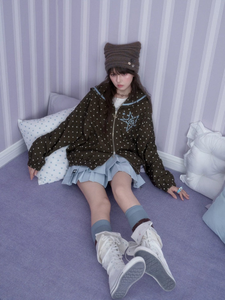 Brown-Blue Swirl Star Navy Neck Loose Casual Jacket【s0000018784】