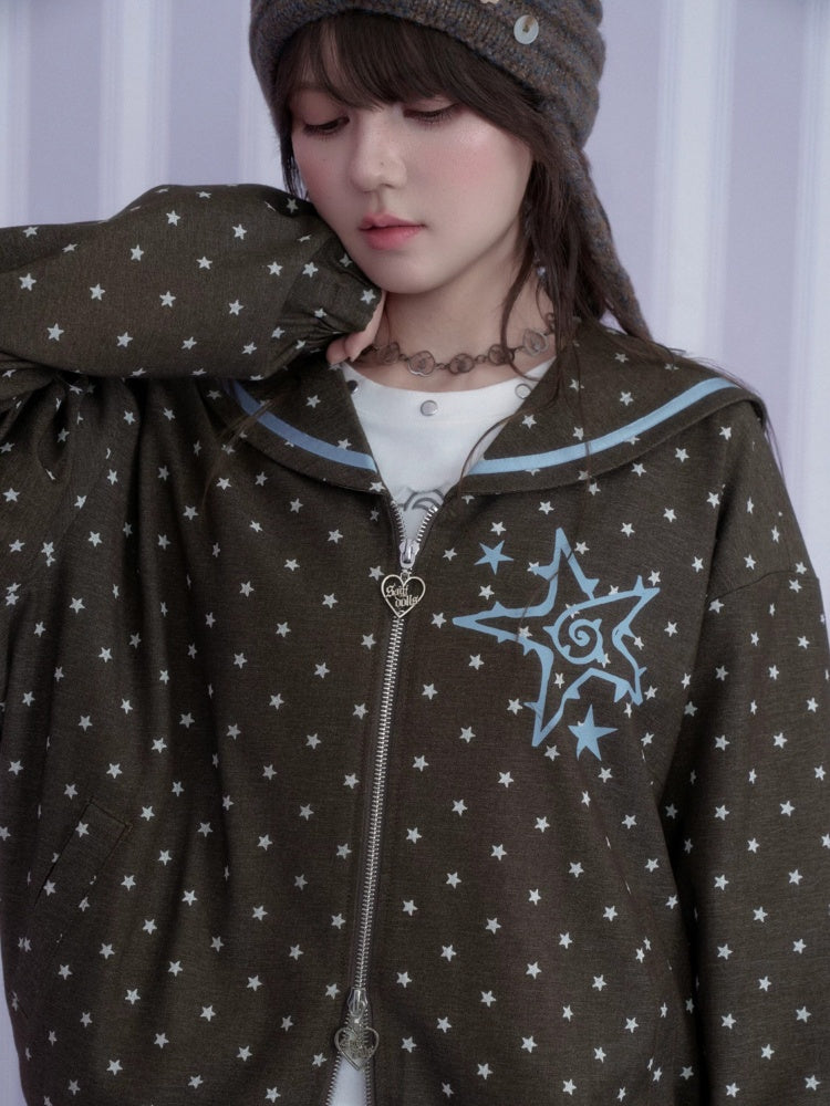 Brown-Blue Swirl Star Navy Neck Loose Casual Jacket【s0000018784】