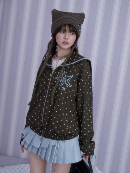 Brown-Blue Swirl Star Navy Neck Loose Casual Jacket【s0000018784】