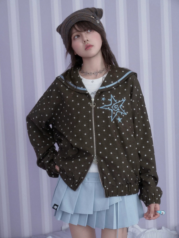 Brown-Blue Swirl Star Navy Neck Loose Casual Jacket【s0000018784】