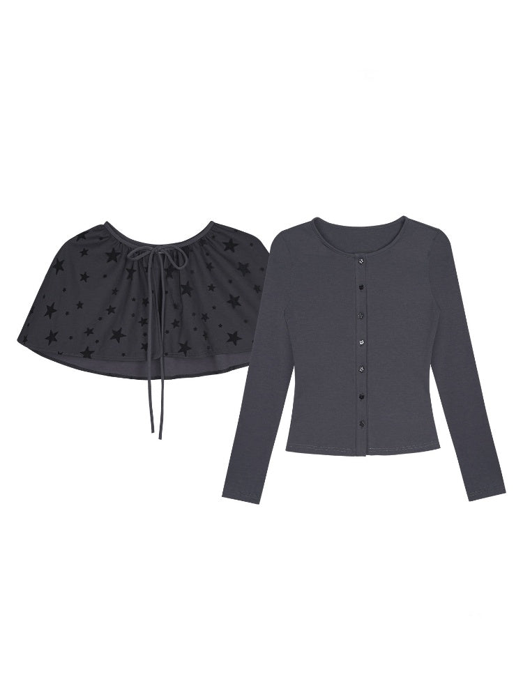 Gray-Purple Cardigan&Star Shawl Detachable Two-Piece Set【s0000018787】