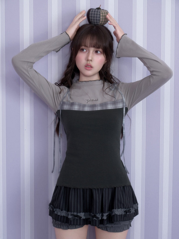 Gray Plaid Faux Two-piece Camisole Top【s0000018788】
