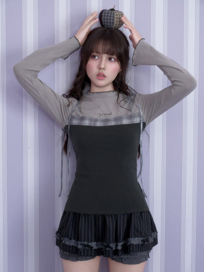 Gray Plaid Faux Two-piece Camisole Top【s0000018788】