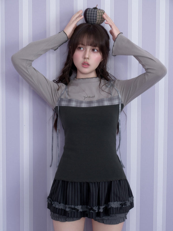 Gray Plaid Faux Two-piece Camisole Top【s0000018788】