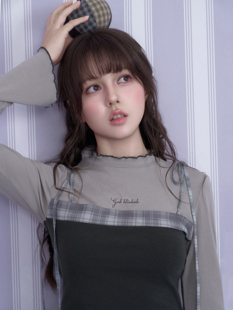 Gray Plaid Faux Two-piece Camisole Top【s0000018788】