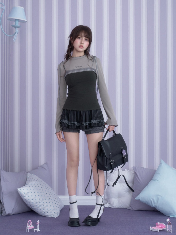 Gray Plaid Faux Two-piece Camisole Top【s0000018788】