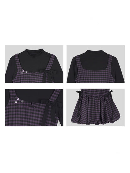 Vintage Academy Style Two Piece Purple-Black Plaid Long-Sleeve Bud Dress【s0000018789】