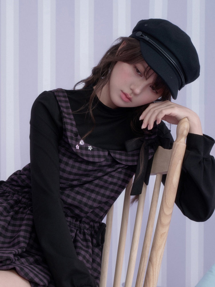 Vintage Academy Style Two Piece Purple-Black Plaid Long-Sleeve Bud Dress【s0000018789】