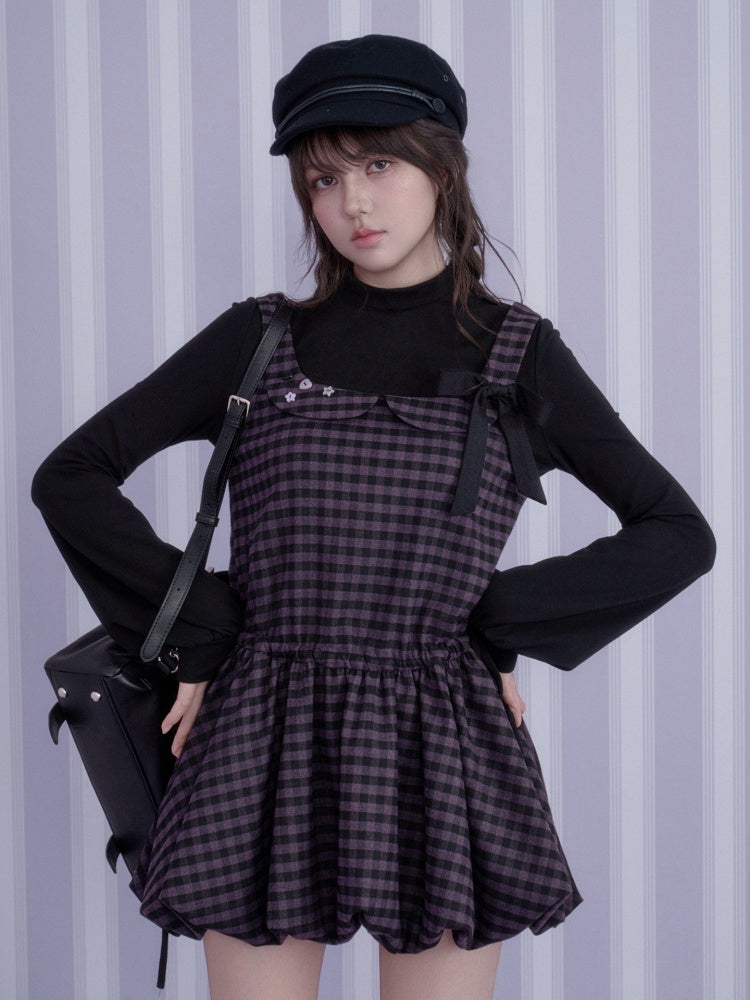 Vintage Academy Style Two Piece Purple-Black Plaid Long-Sleeve Bud Dress【s0000018789】