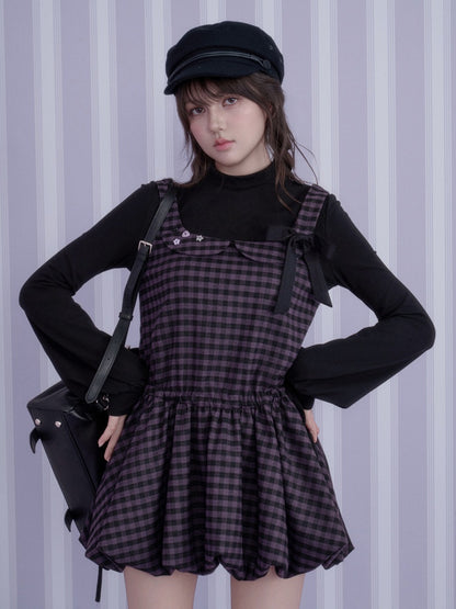 Vintage Academy Style Two Piece Purple-Black Plaid Long-Sleeve Bud Dress【s0000018789】