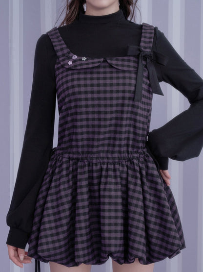 Vintage Academy Style Two Piece Purple-Black Plaid Long-Sleeve Bud Dress【s0000018789】
