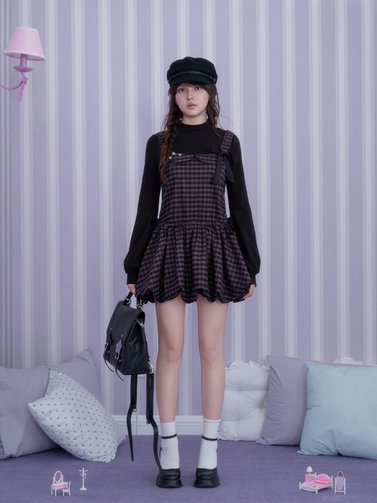 Vintage Academy Style Two Piece Purple-Black Plaid Long-Sleeve Bud Dress【s0000018789】