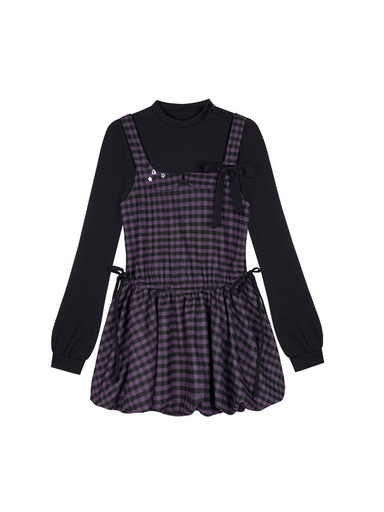 Vintage Academy Style Two Piece Purple-Black Plaid Long-Sleeve Bud Dress【s0000018789】