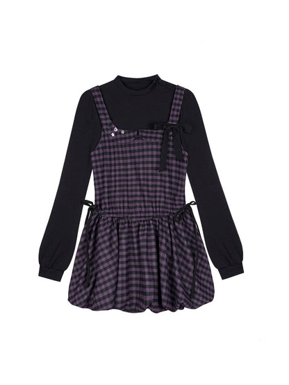 Vintage Academy Style Two Piece Purple-Black Plaid Long-Sleeve Bud Dress【s0000018789】