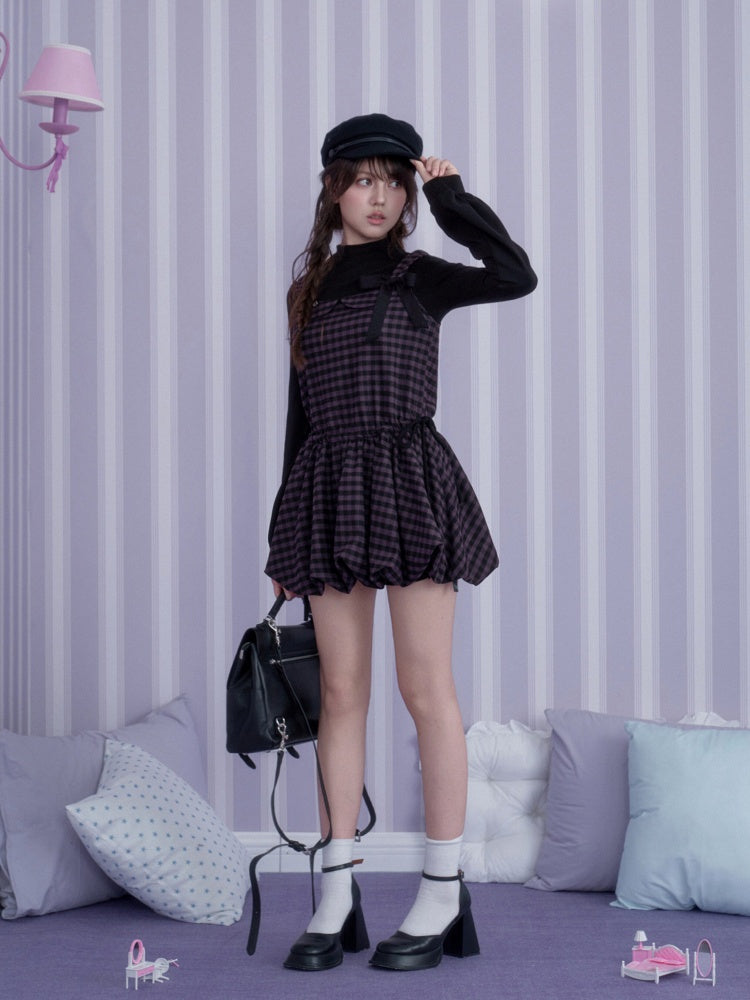 Vintage Academy Style Two Piece Purple-Black Plaid Long-Sleeve Bud Dress【s0000018789】
