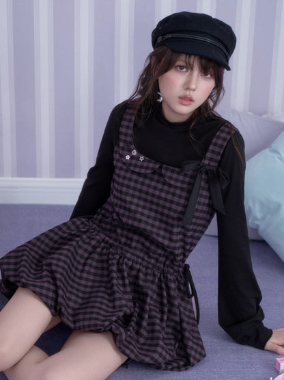 Vintage Academy Style Two Piece Purple-Black Plaid Long-Sleeve Bud Dress【s0000018789】